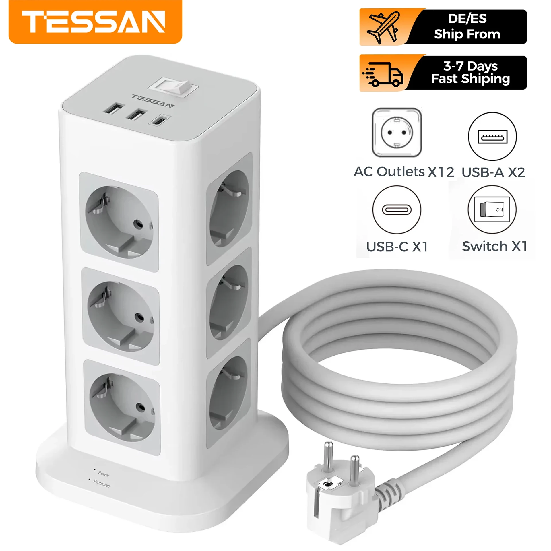TESSAN Toma de corriente múltiple de 12 compartimentos con torre de salida de enchufe múltiple USB C con cable de extensión de interruptor para el hogar 3600W